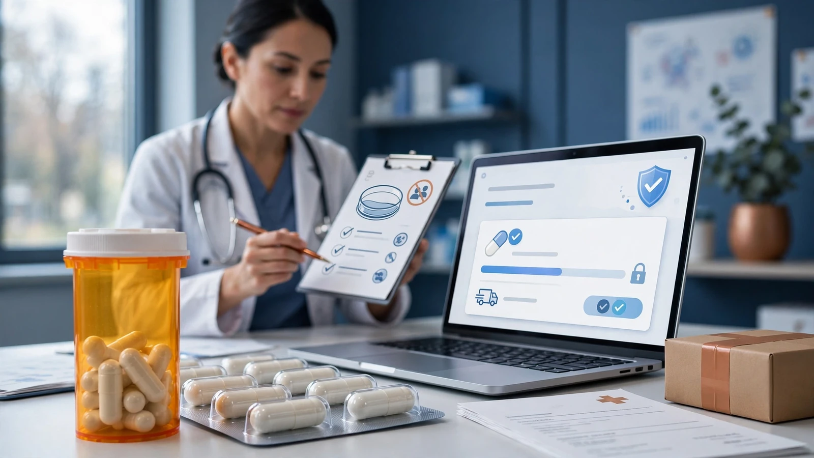 A clinician explains antibiotic stewardship with a laboratory culture report, treatment notes, and a no-sharing reminder.