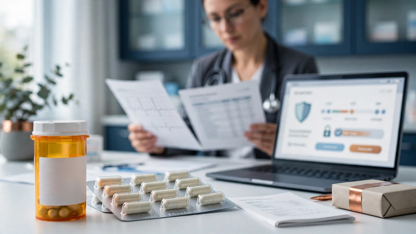 A pharmacist checks an ECG summary and medication list for heart-rhythm and interaction risks before azithromycin use.