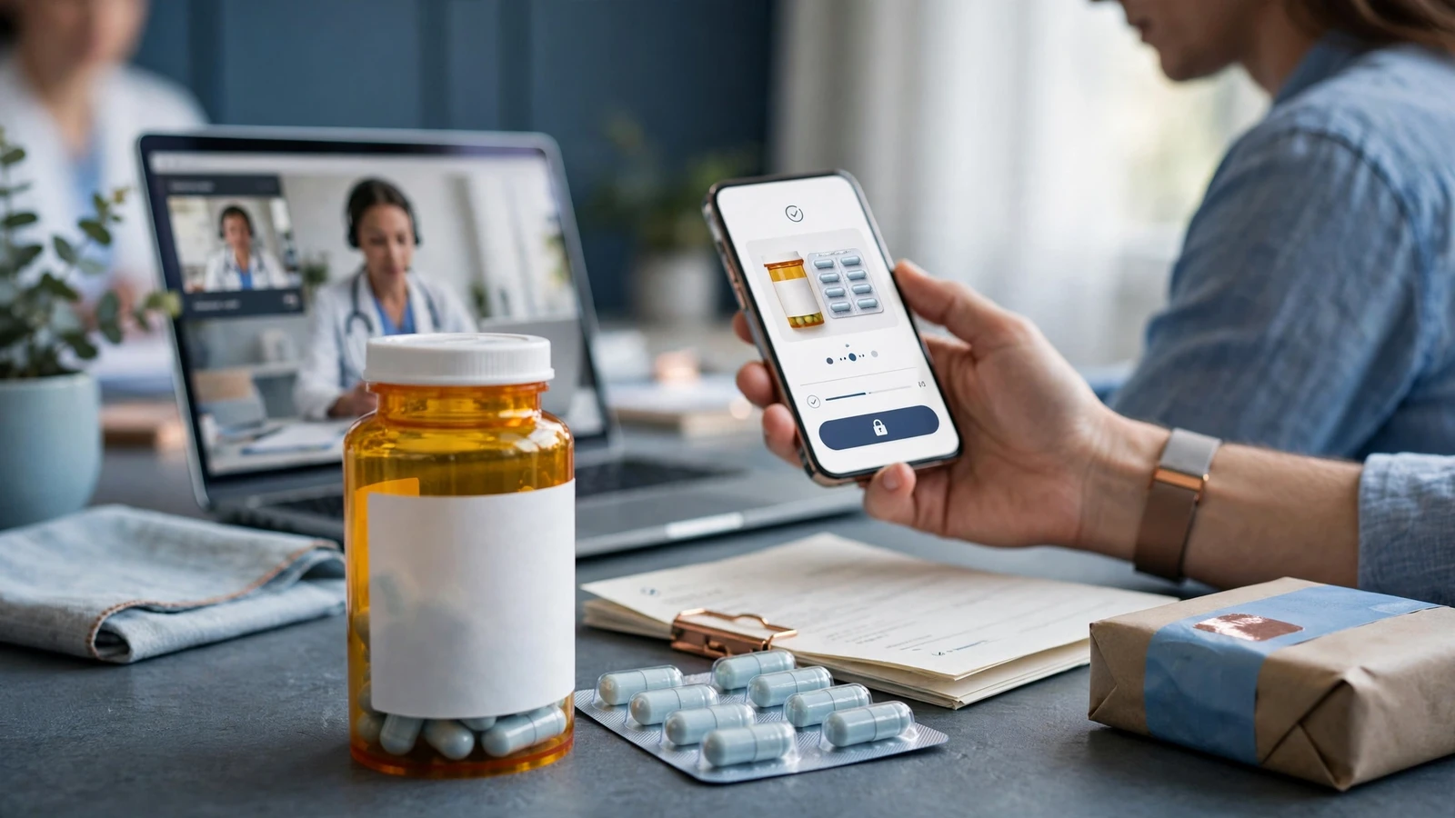 A clinician reviews an azithromycin request, medication list, and licensed-pharmacy verification details on a neutral telehealth workspace.