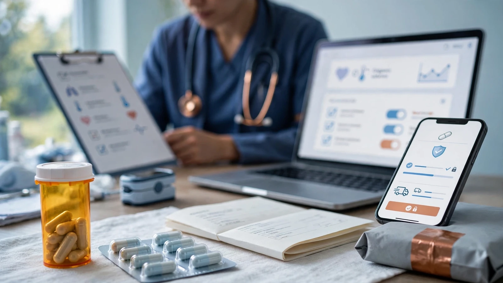 A clinician reviews respiratory symptoms, vital signs, and a diagnostic checklist before considering antibiotic treatment.