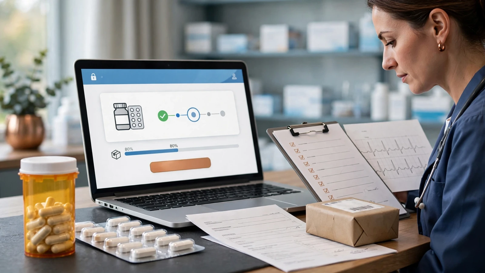 A pharmacist reviews an azithromycin safety checklist beside a complete medication list and heart-rhythm history.
