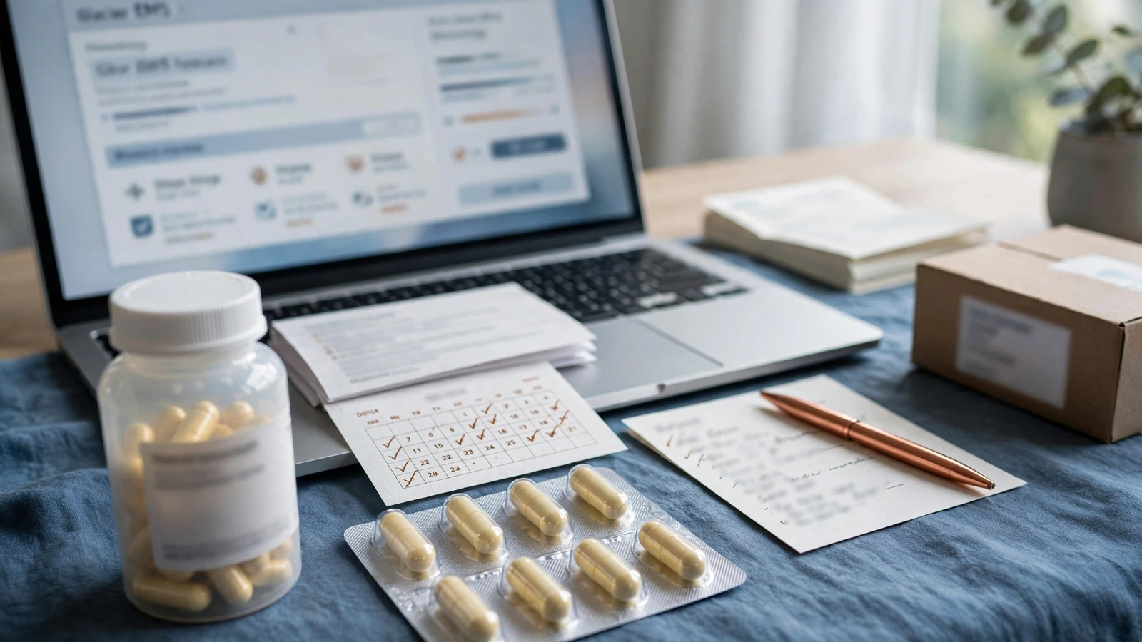 A patient organizes labeled prescription instructions, a dosing calendar, and follow-up contact information without showing a specific dose.