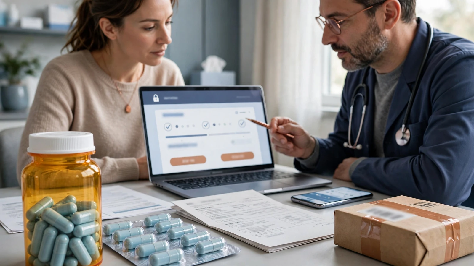 A patient and clinician review an antibiotic treatment plan, follow-up instructions, and stewardship notes together.