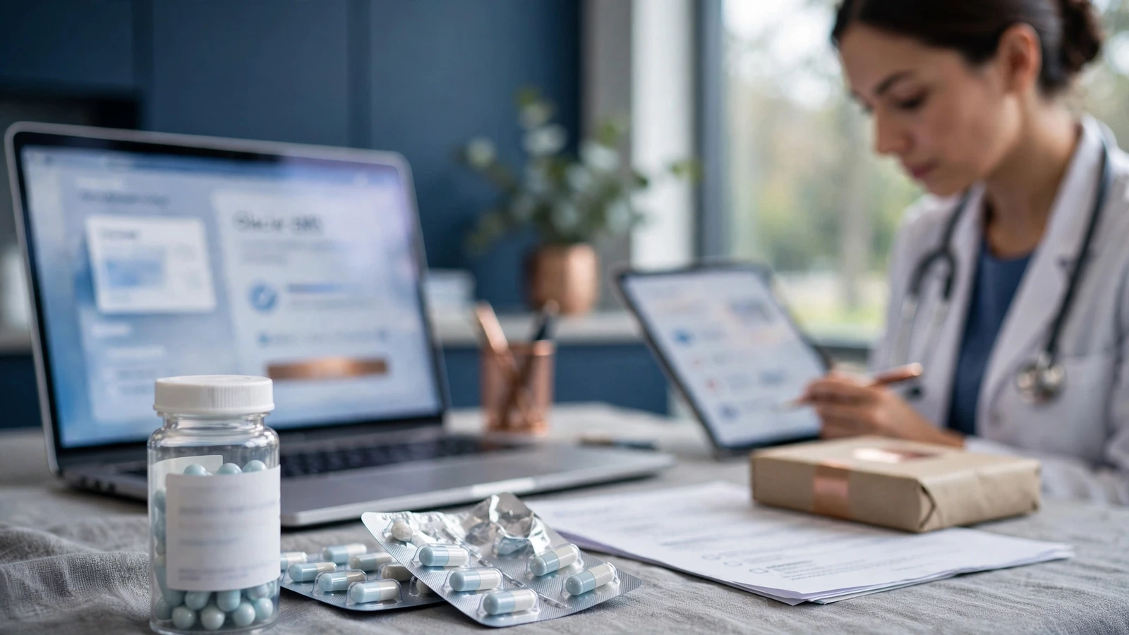 A clinician reviews allergy, liver, neurologic, and heart-history exclusions before selecting an antibiotic.