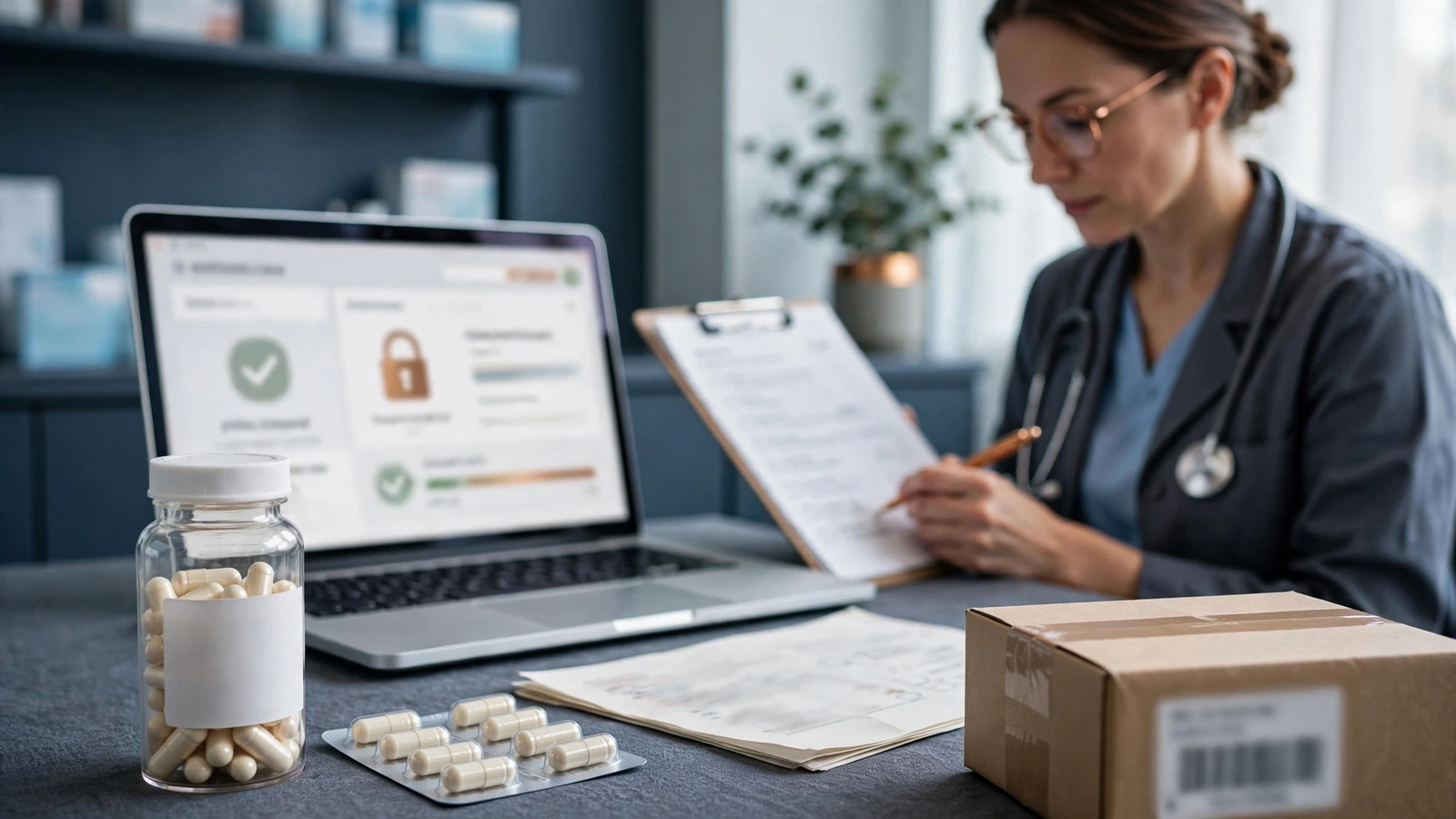 A pharmacist reviewing a complete medication list beside a fluconazole label and interaction checklist.