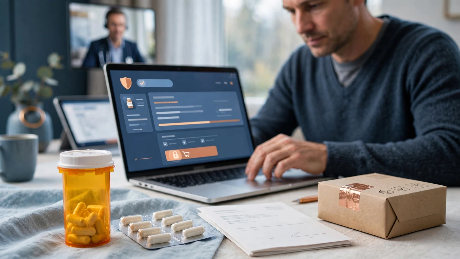 A calm telehealth medication pathway showing clinical review, prescription decision, and licensed pharmacy fulfillment.