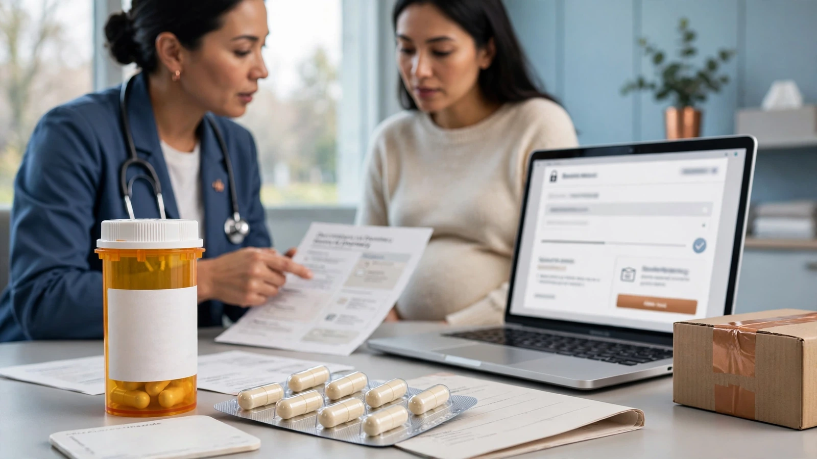 A clinician discussing antifungal treatment choices with a pregnant patient using a neutral decision aid.