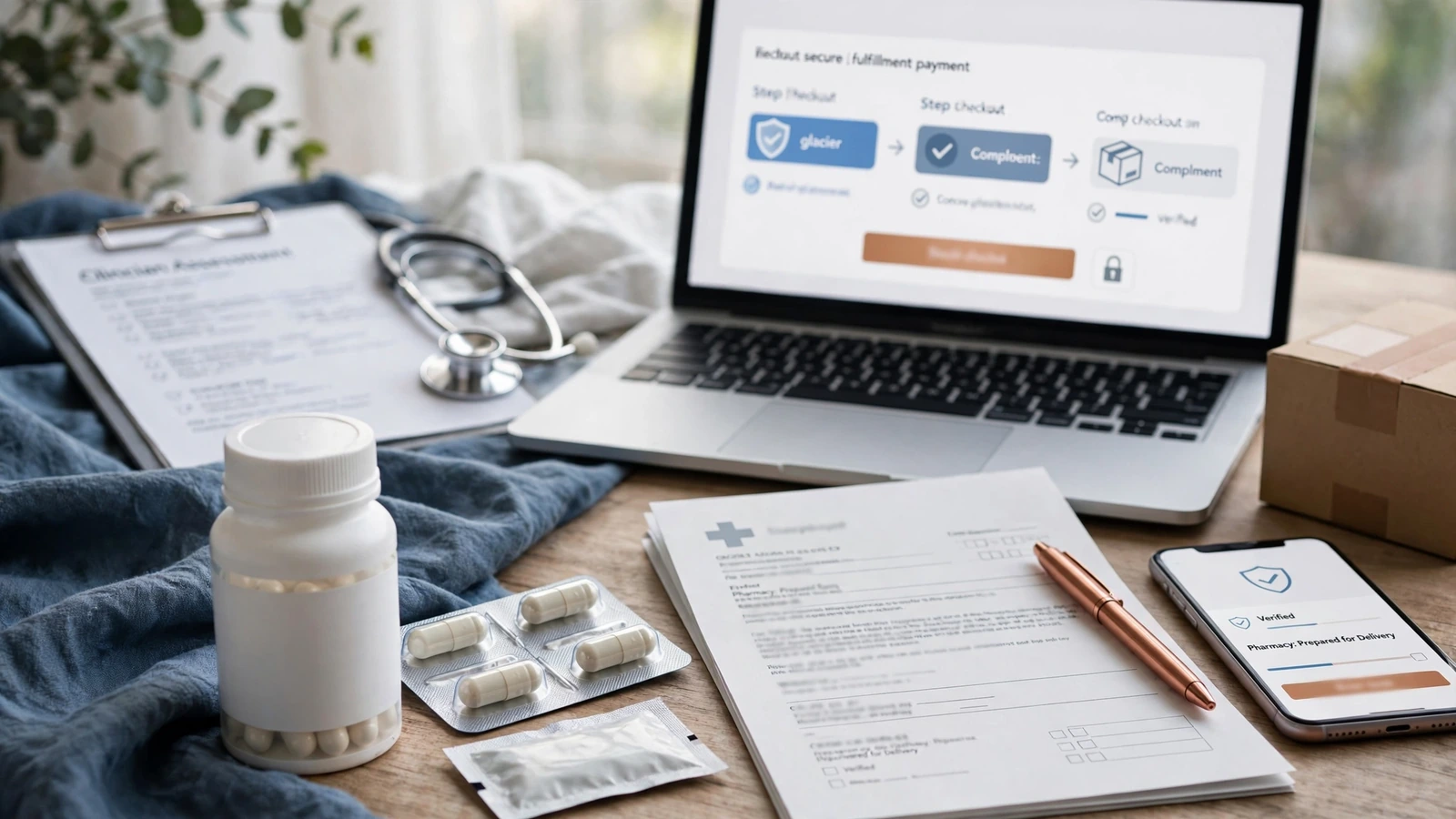 A prescription fluconazole package beside a clinician assessment and follow-up plan, without commercial branding.