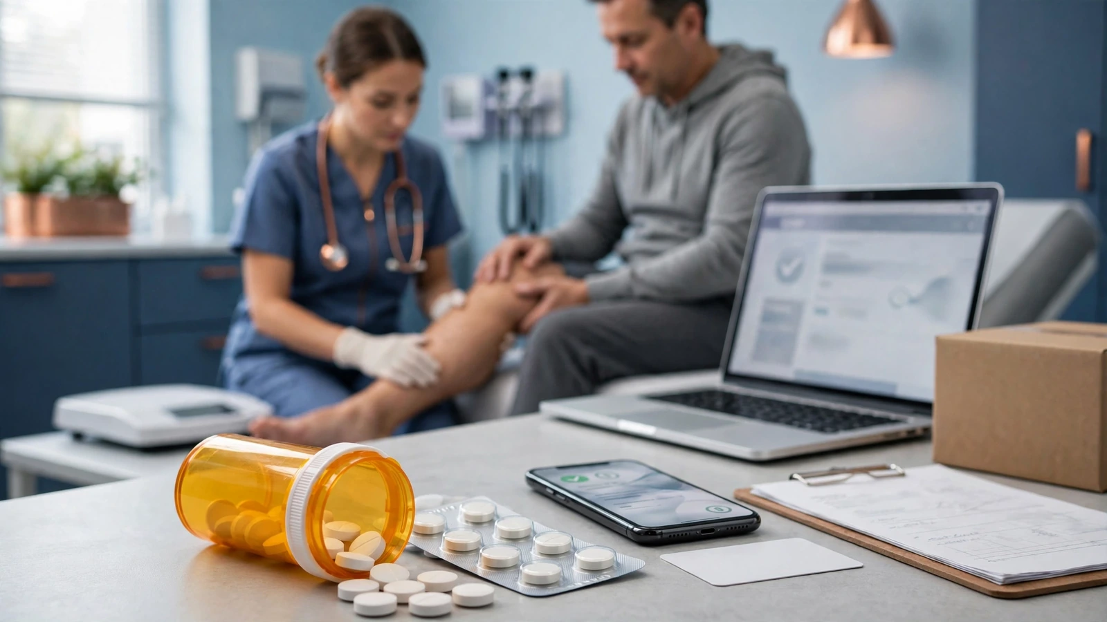 Clinician evaluating lower leg edema with a scale and symptom notes