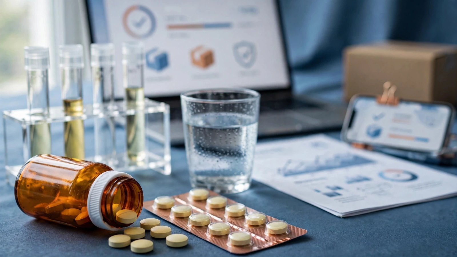 Kidney function lab report and medication bottle for furosemide monitoring