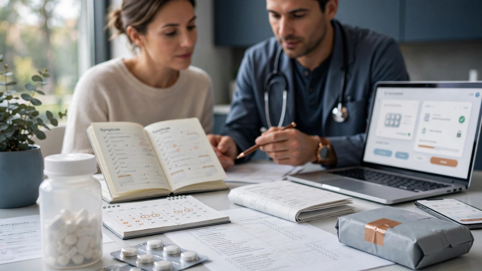 Patient and clinician reviewing a furosemide refill plan and medication list