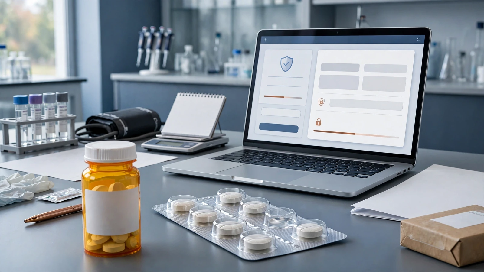 Furosemide monitoring tools including lab tubes, blood pressure cuff and weight log
