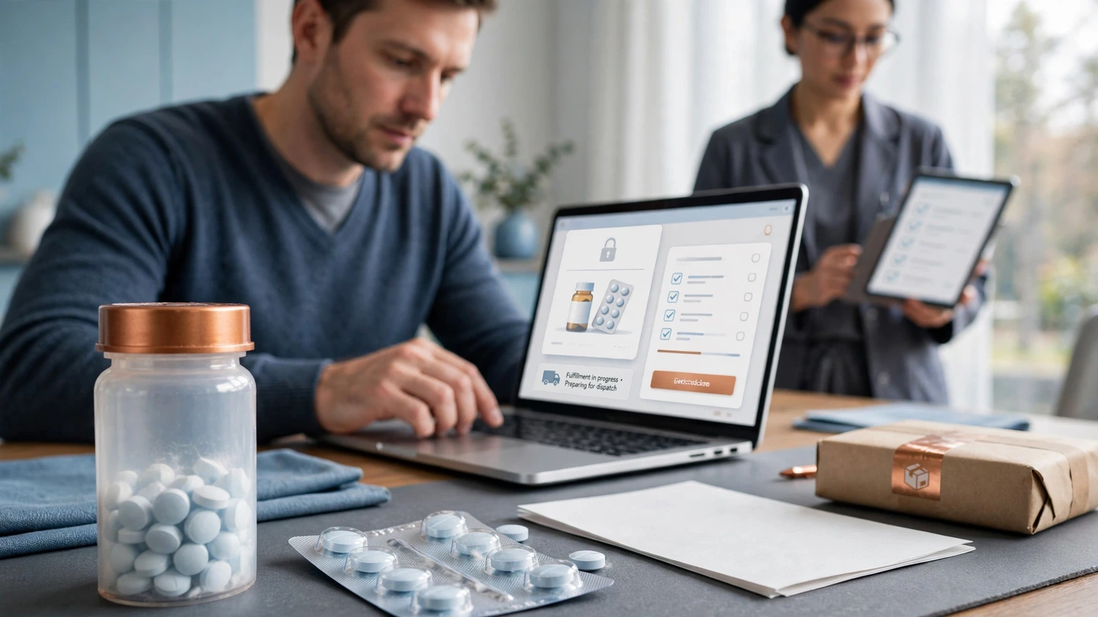 Clinician reviewing a finasteride telehealth intake and licensed pharmacy checklist