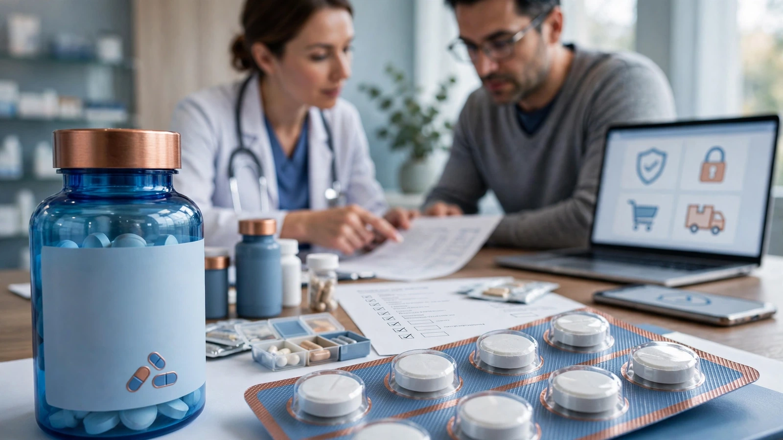 A pharmacist and patient reconciling prescription bottles, supplements and a metformin medication list.