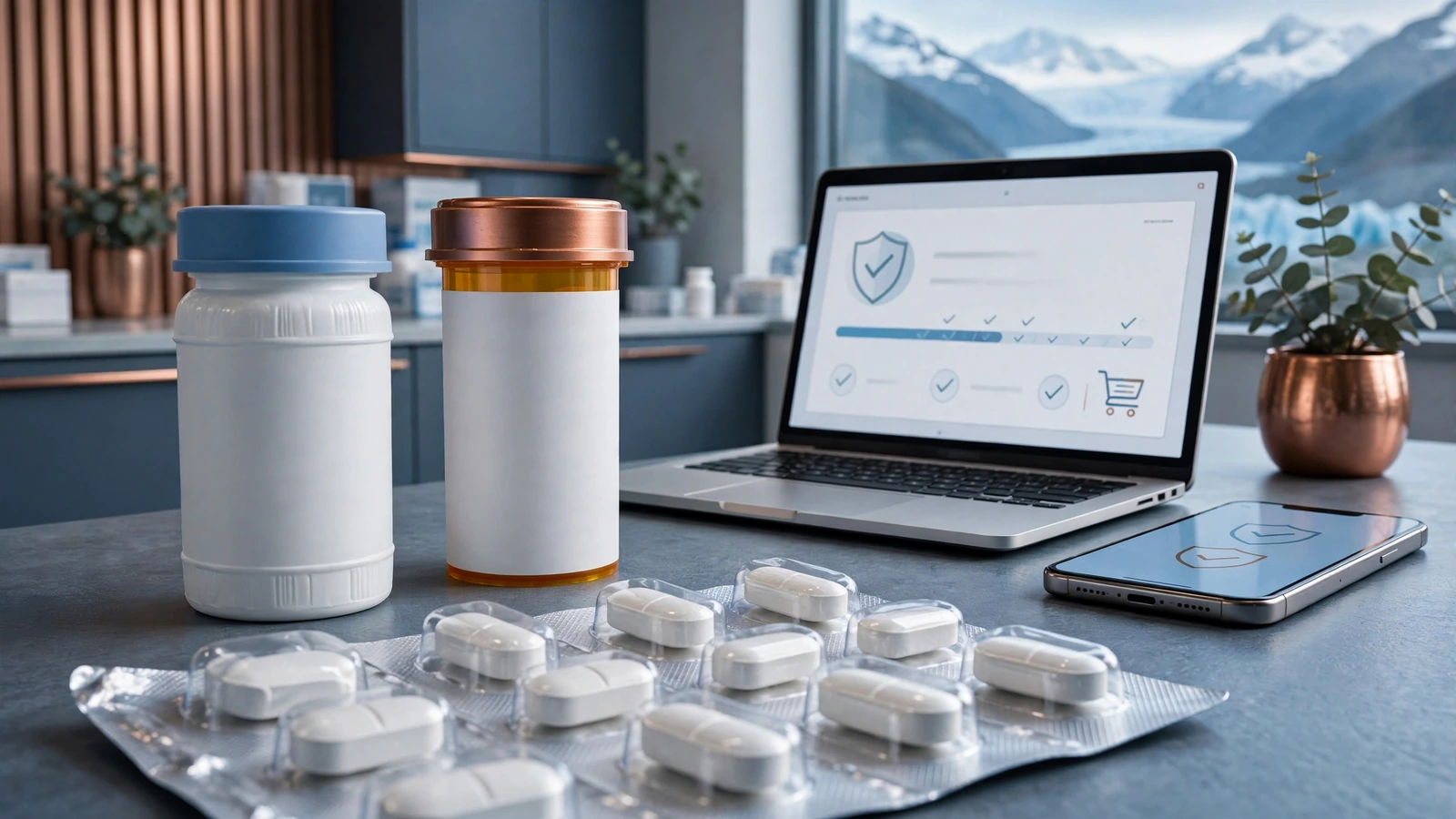 Two clearly separated prescription bottles representing immediate-release and extended-release metformin beside a pharmacist consultation area.