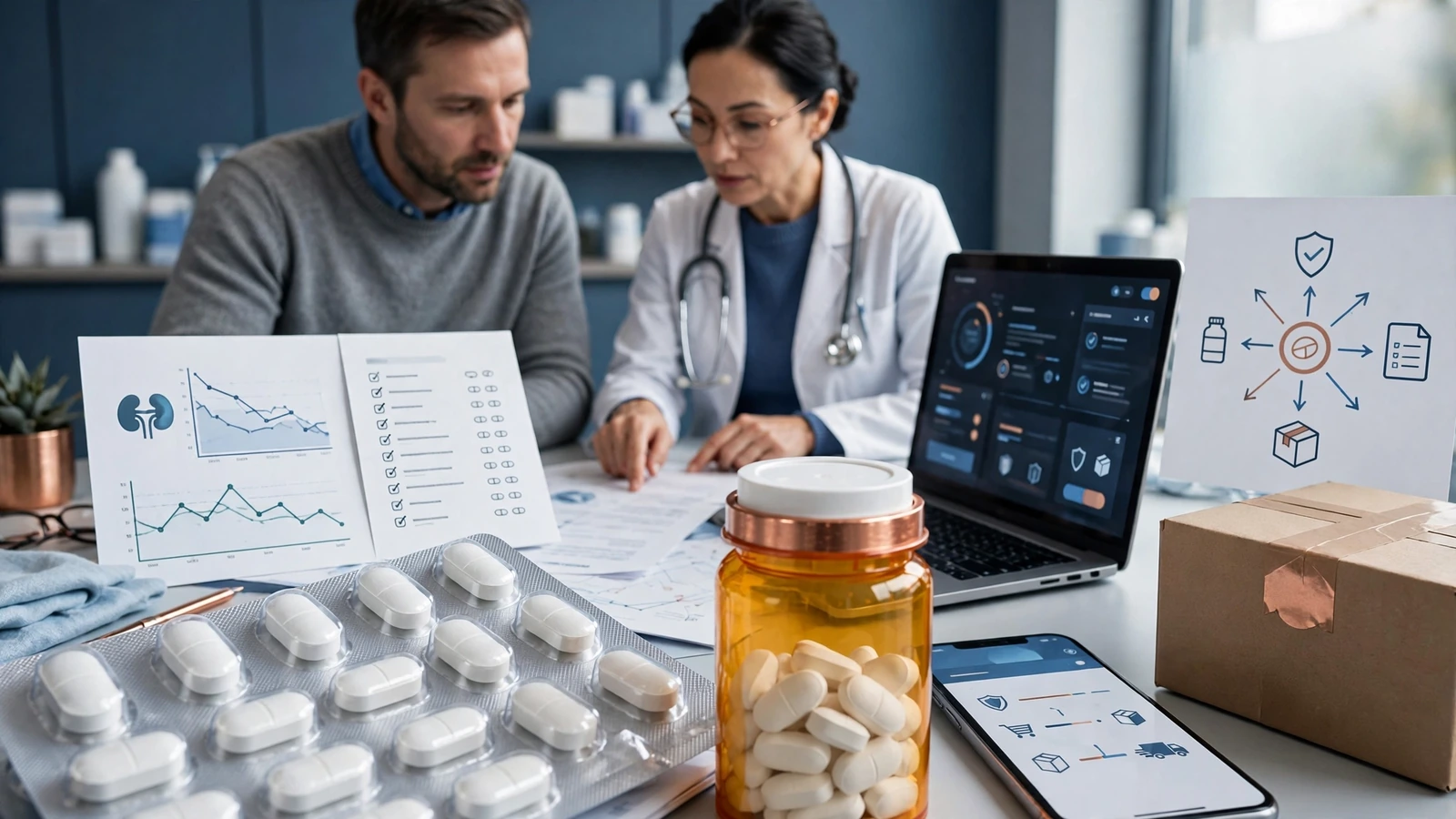 An adult patient and clinician comparing kidney laboratory trends, A1C results and a metformin medication list.