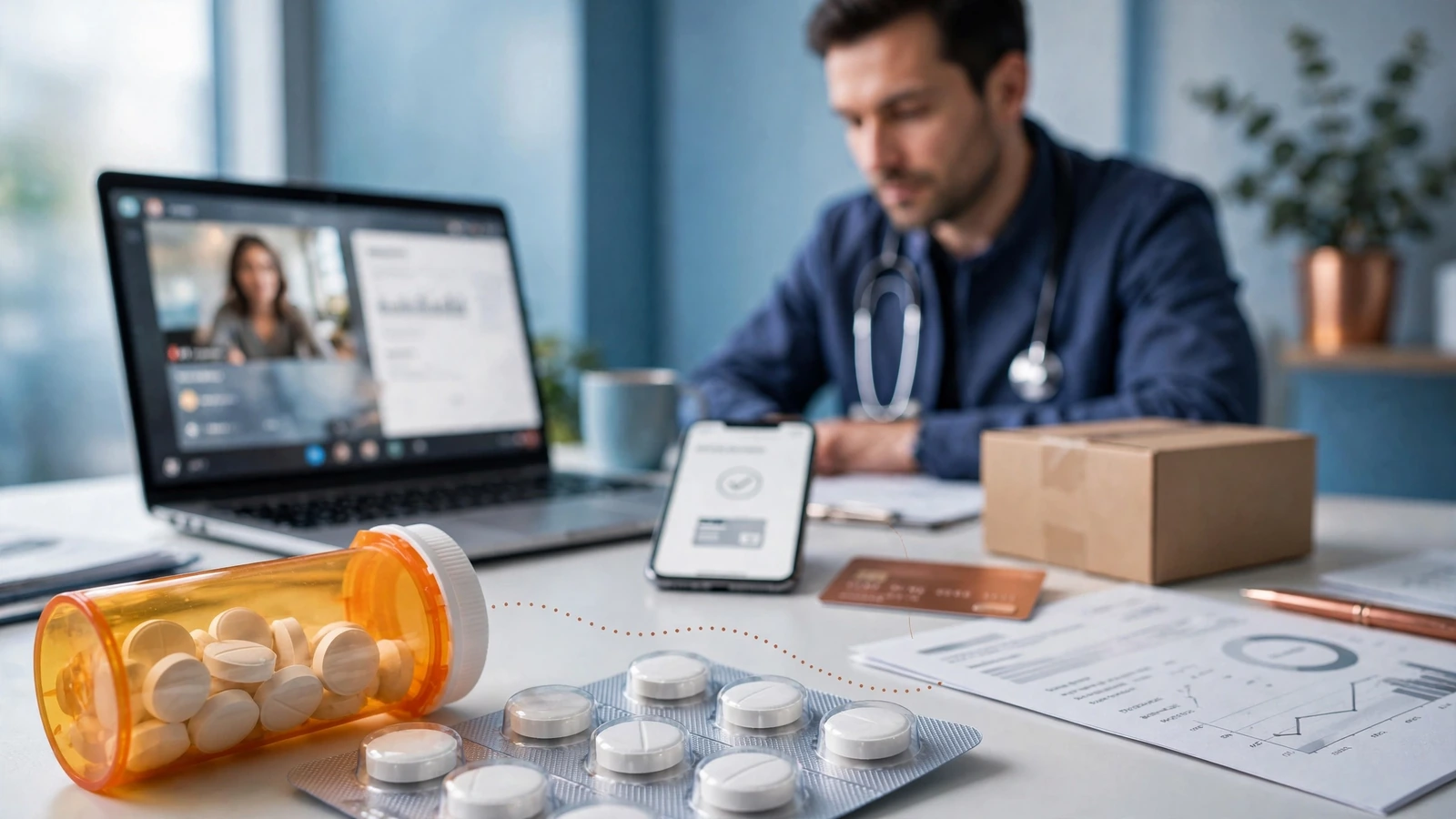 A clinician reviewing a medication list and kidney laboratory results during a secure metformin telehealth consultation.