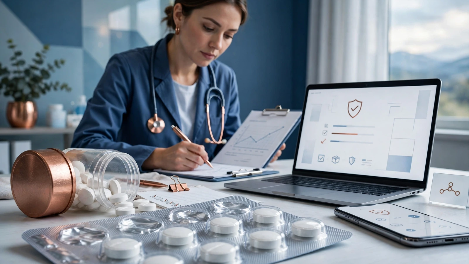 A clinician reviewing kidney results, a medicine list and symptom notes during a metformin safety consultation.