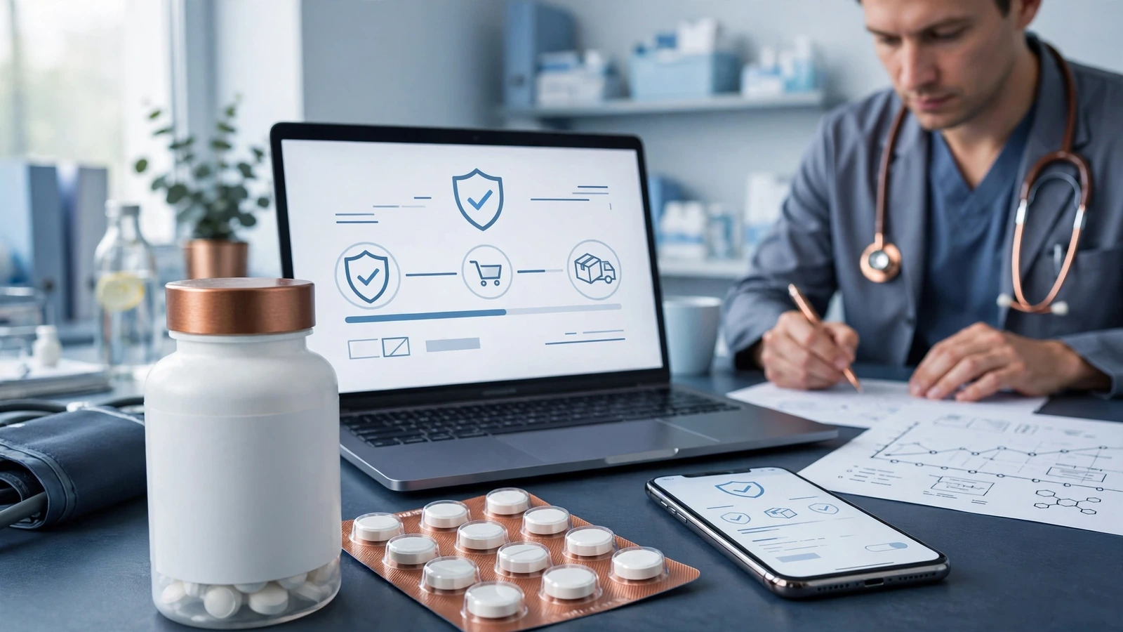 A clinician reviewing a patient symptom timeline, hydration notes and metformin formulation details.