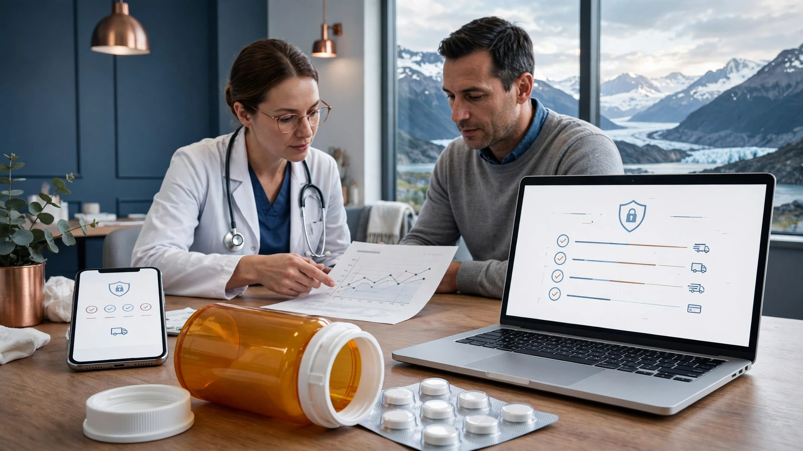 A primary care clinician and adult patient reviewing a type 2 diabetes treatment record with a metformin bottle nearby.