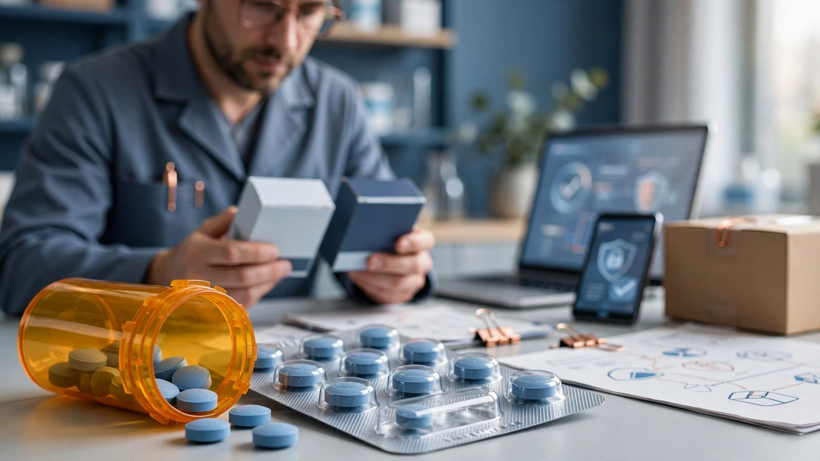 A pharmacist comparing branded and generic sildenafil packaging with insurance and pharmacy-verification documents.
