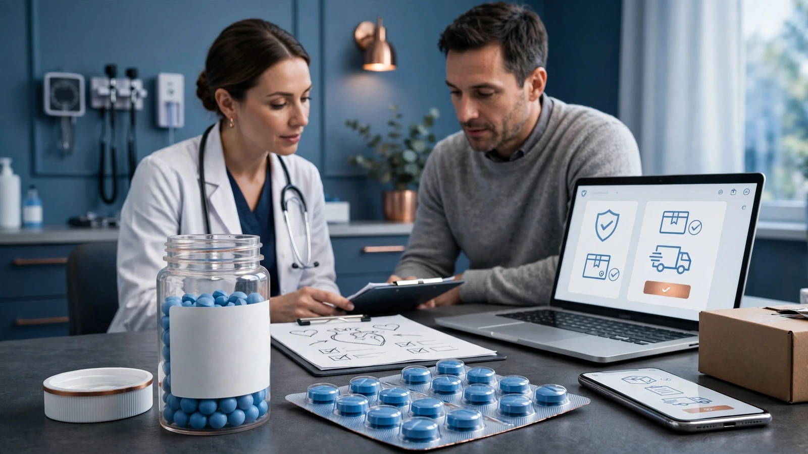 A clinician and adult male reviewing cardiovascular history and erectile-dysfunction assessment notes in a private exam room.