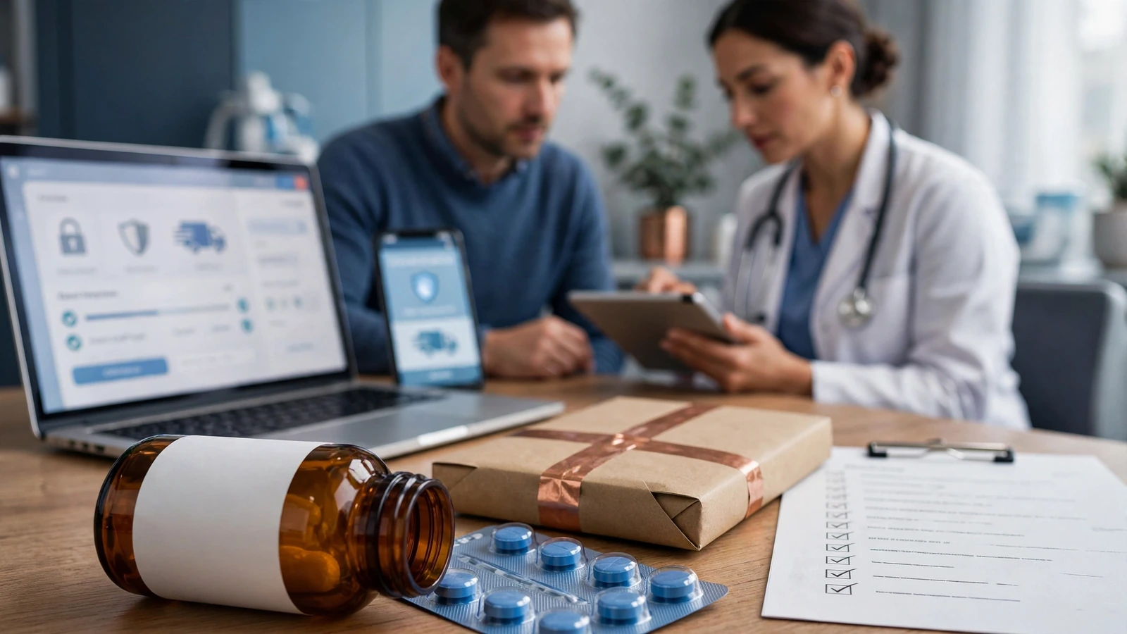 An adult patient completing a private sildenafil prescription review with a clinician and a complete current-medicine list.