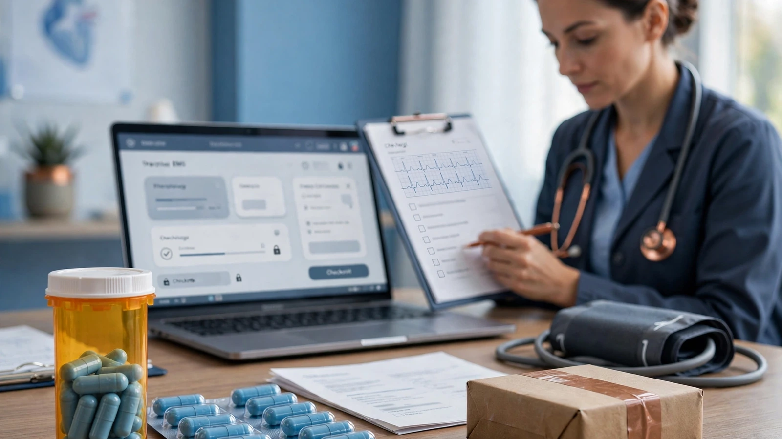 A cardiology-focused medication review showing a clinician checking nitrate and blood-pressure medicines before sildenafil.