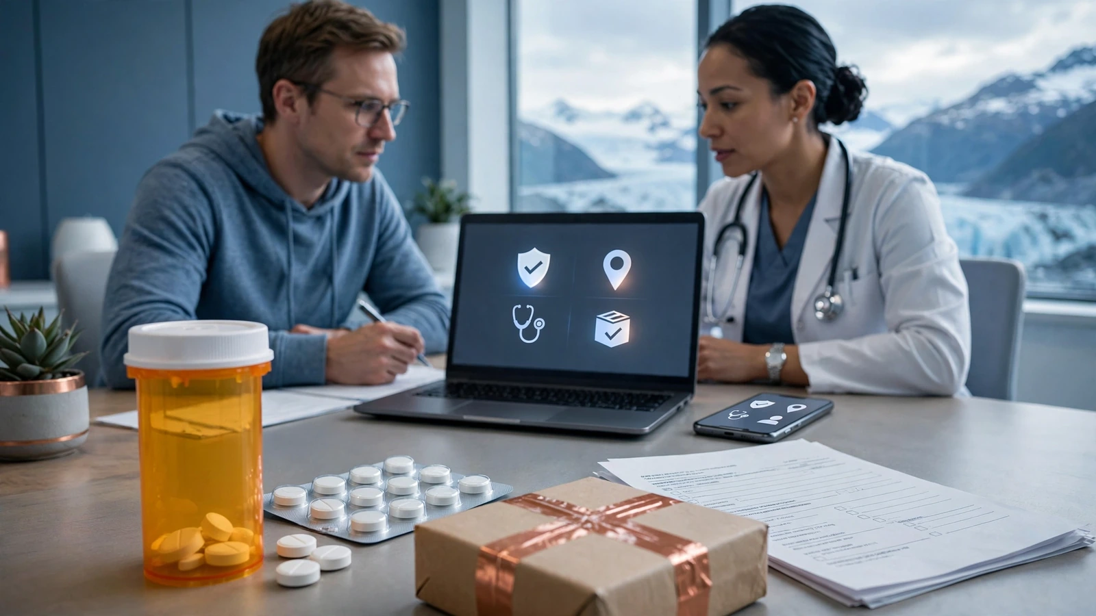 A patient verifying an online pharmacy’s license, address, pharmacist access, and prescription requirement with a clinician.