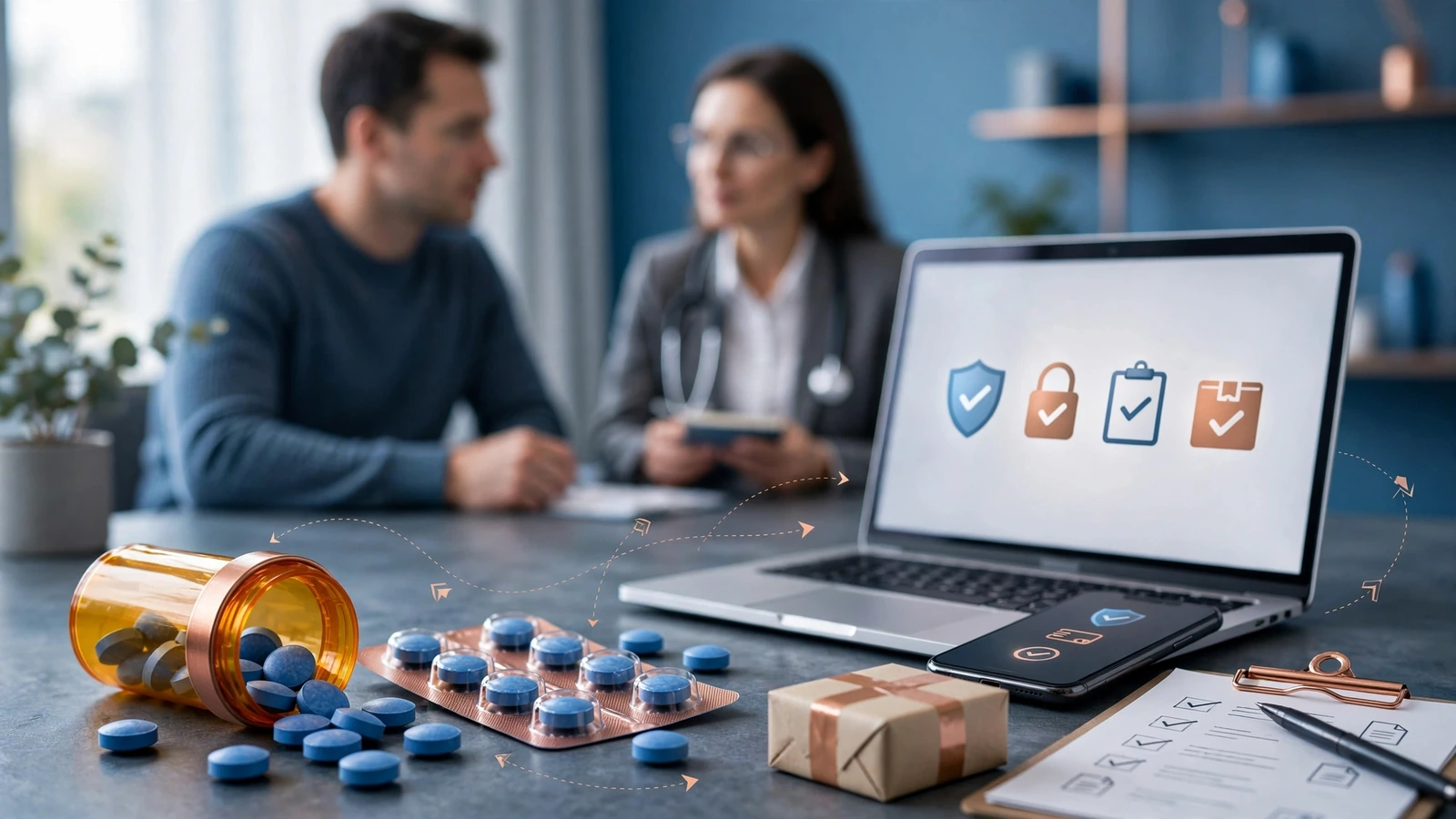 A private telehealth medication review with an adult patient, clinician, medication list, and licensed-pharmacy verification cues.