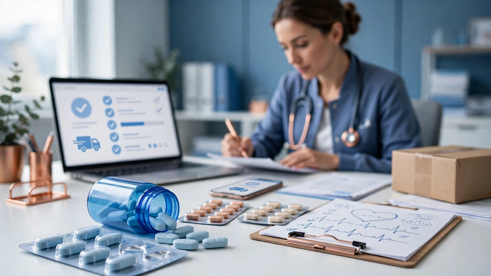 A clinician reconciling nitrate, blood-pressure, and sildenafil medicines beside a heart-history chart.