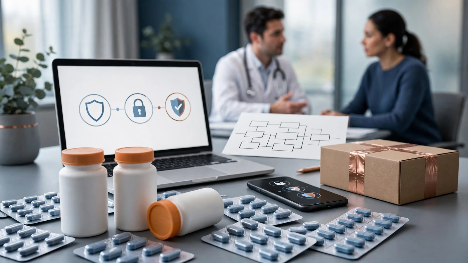 A clinician comparing sildenafil and tadalafil treatment characteristics with an adult patient using a neutral decision chart.