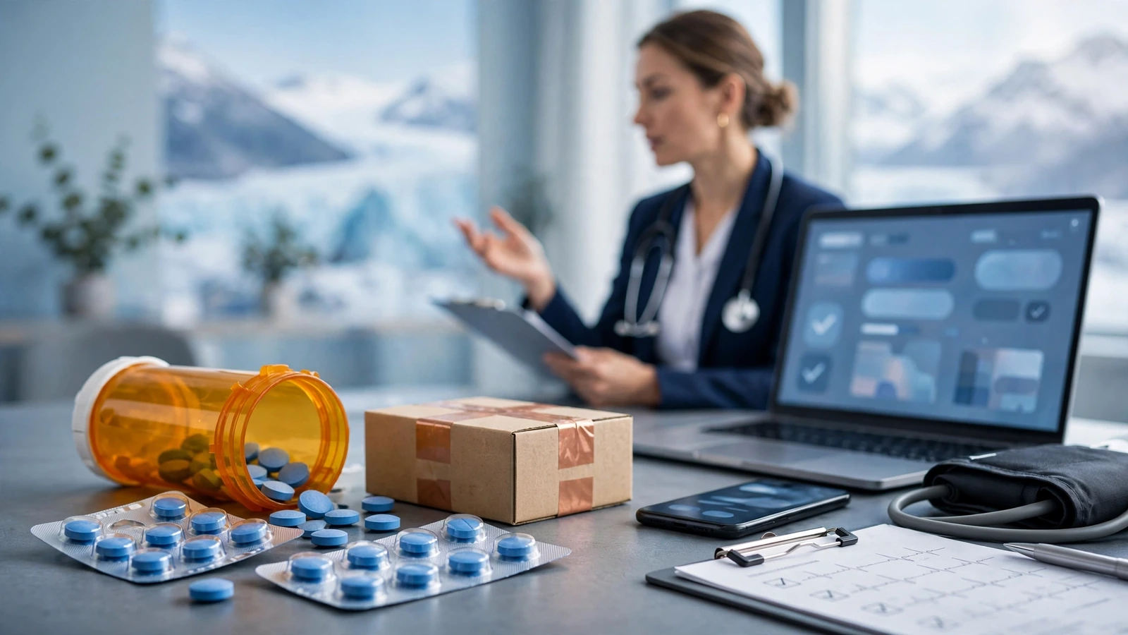 A clinician explaining urgent sildenafil warning signs using a clear, non-graphic medical consultation scene.