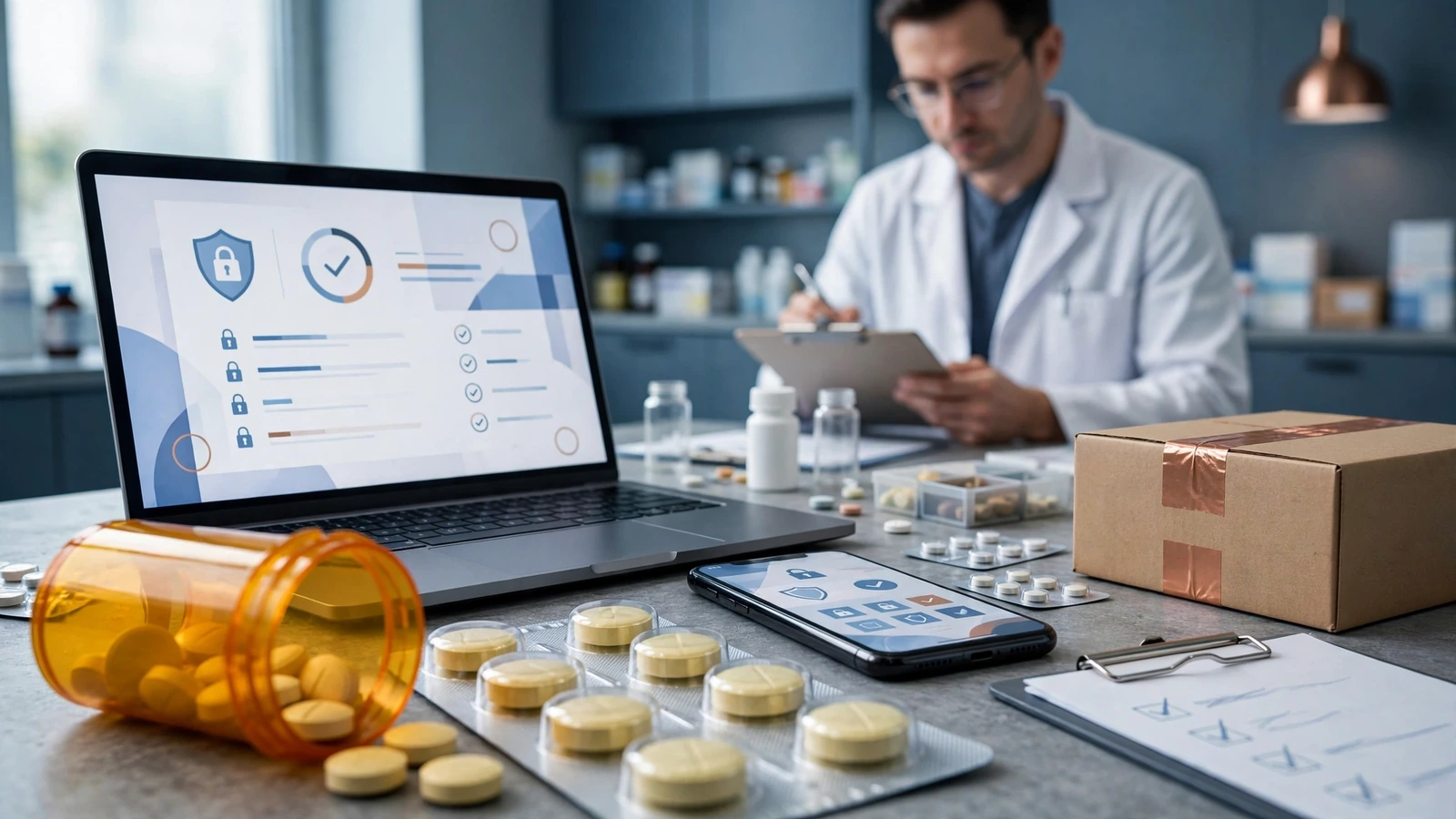 Pharmacist checking nitrates and other medicines for tadalafil interactions