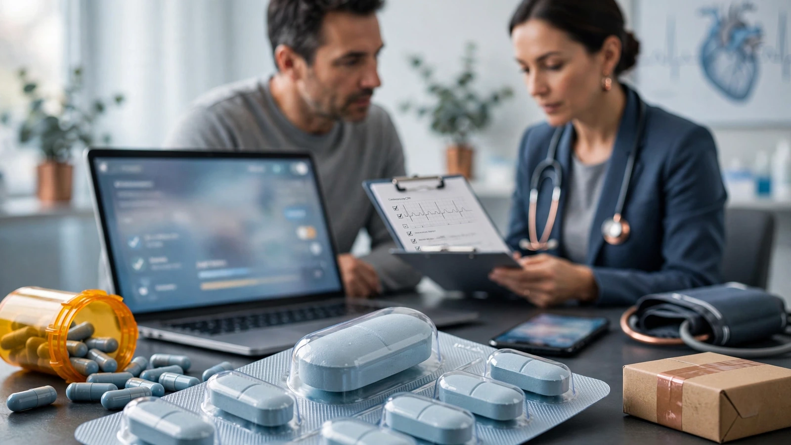 Clinician reviewing cardiovascular history and medicines before a tadalafil prescription decision