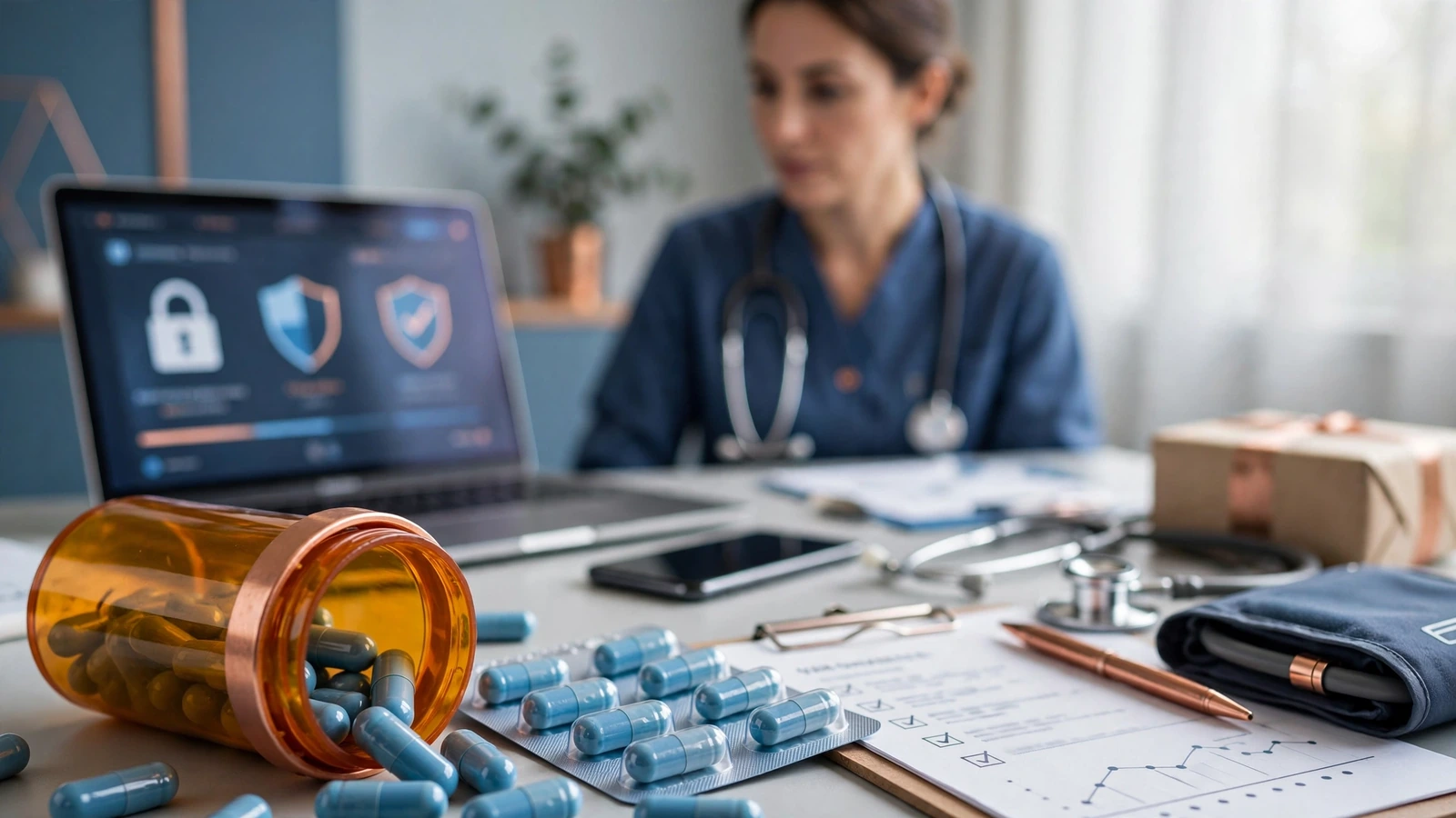 Clinician reviewing a human trazodone prescription request and licensed pharmacy checklist