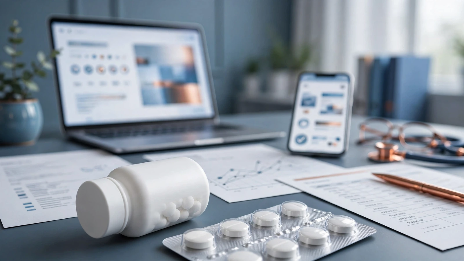 A coordinated care review showing a diabetes medication list, glucose log and laboratory results on a clinician desk.