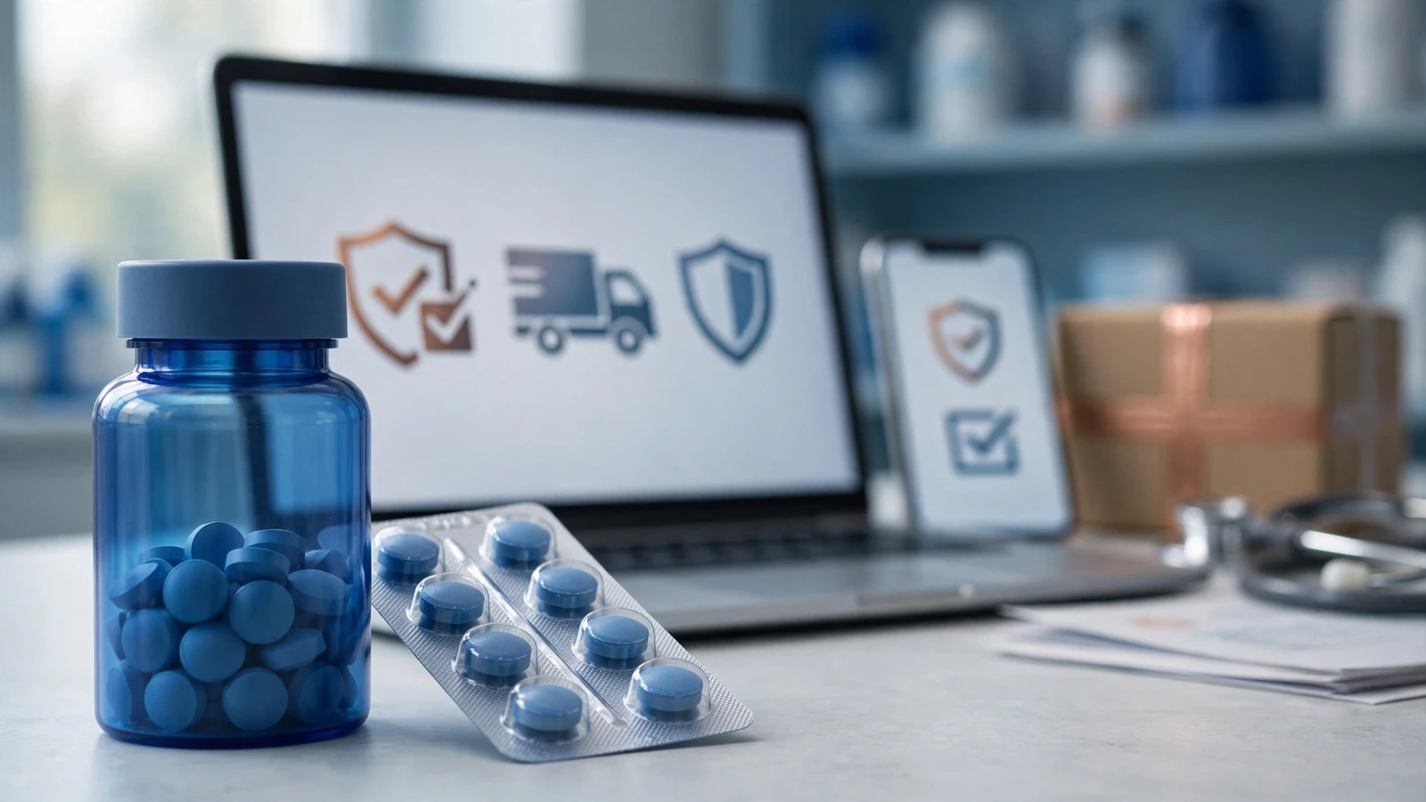 A pharmacist comparing brand Viagra and generic sildenafil medication containers without readable labels or promotional cues.