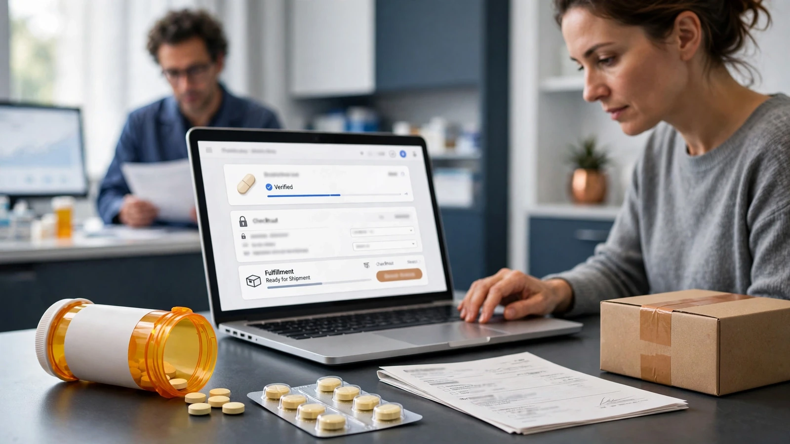Pharmacist reviewing a furosemide prescription and pharmacy verification information
