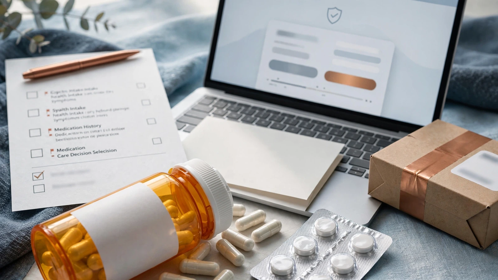 A telehealth intake checklist organizing symptoms, red flags, medication history, and the decision between remote care and testing.