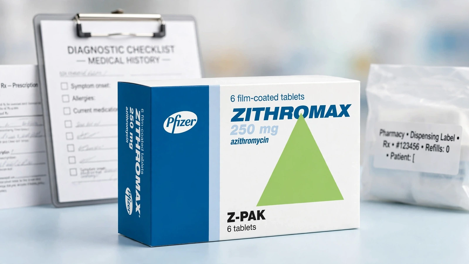 Zithromax and azithromycin pharmacy packaging for An Azithromycin Request Starts With Diagnostic Evidence
