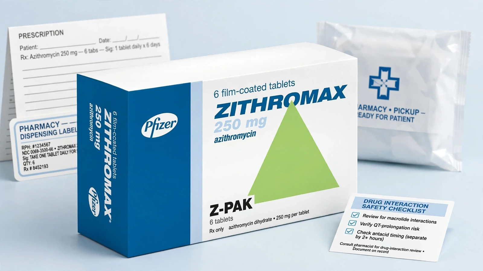 Zithromax and azithromycin pharmacy packaging for Azithromycin Safety, Interactions, and Risk Review