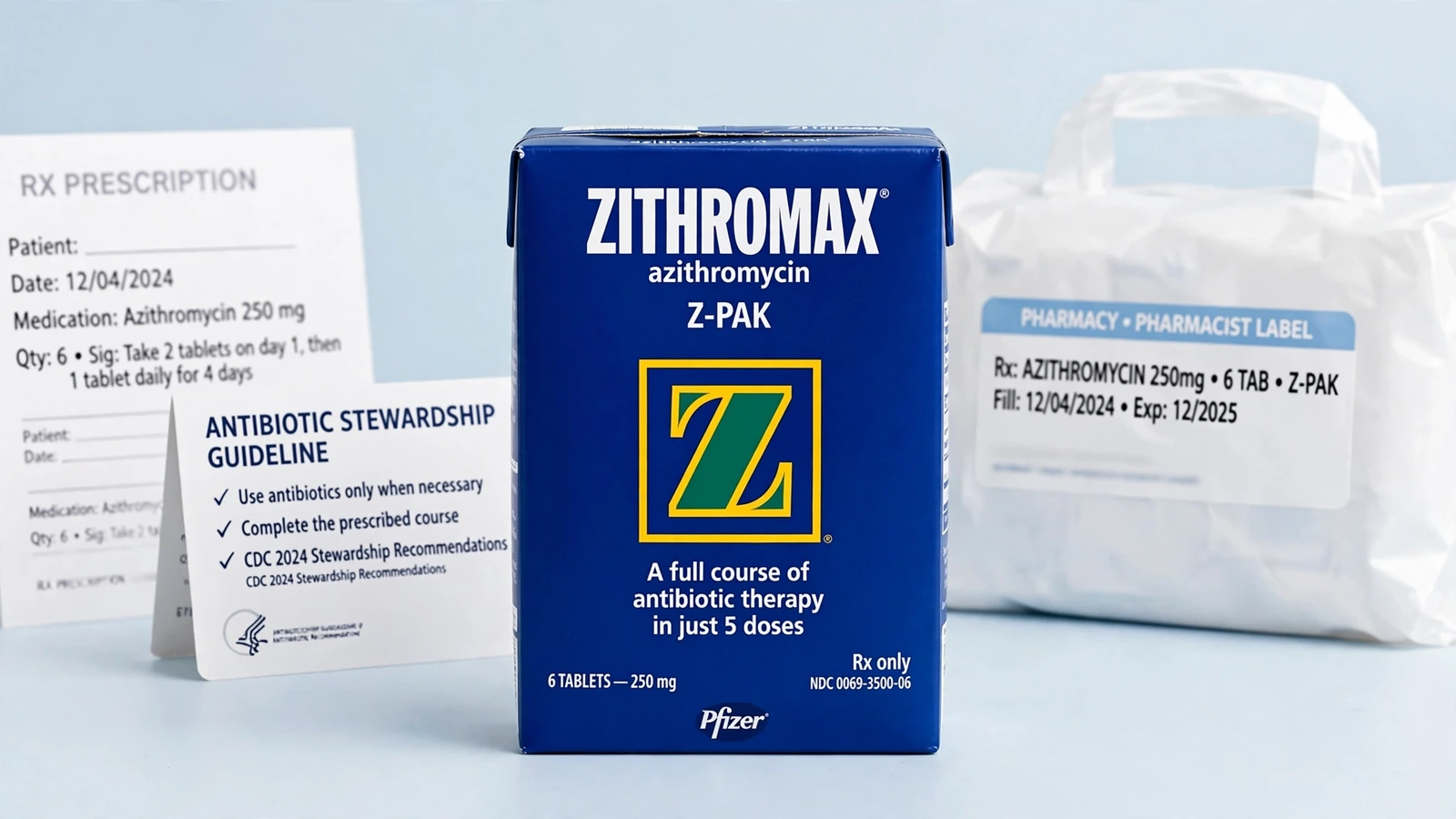 Zithromax and azithromycin pharmacy packaging for Azithromycin Treatment and Antibiotic Stewardship