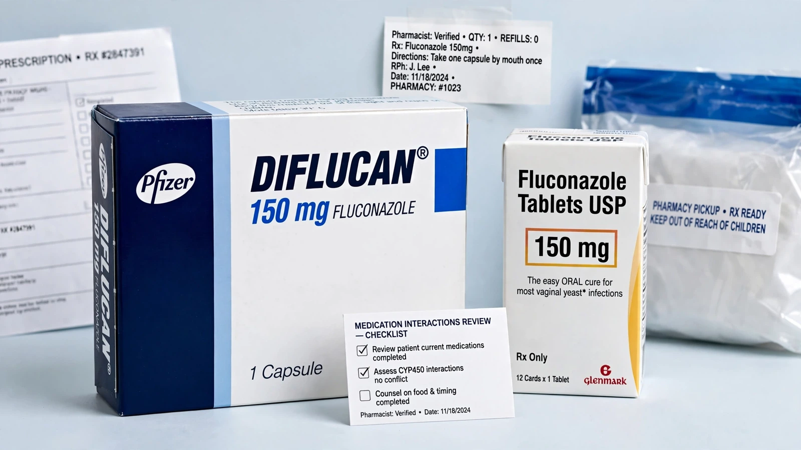 Diflucan and fluconazole pharmacy packaging for Fluconazole Drug Interactions: A Review Checklist