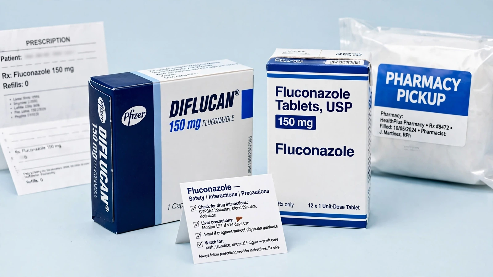 Diflucan and fluconazole pharmacy packaging for Fluconazole Safety, Interactions, and Precautions