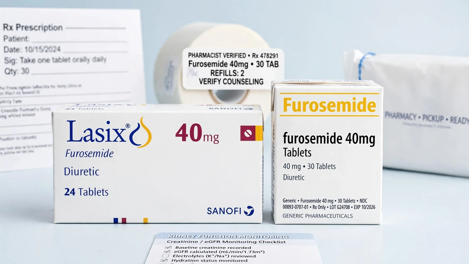 Lasix and furosemide pharmacy packaging for Furosemide and Kidney Function Monitoring
