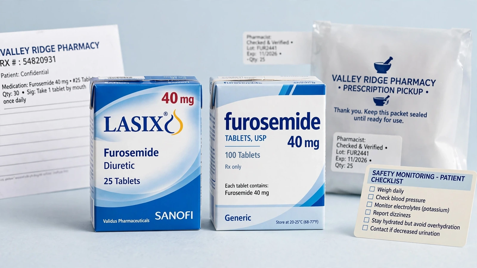 Lasix and furosemide pharmacy packaging for Furosemide Safety and Monitoring Guide