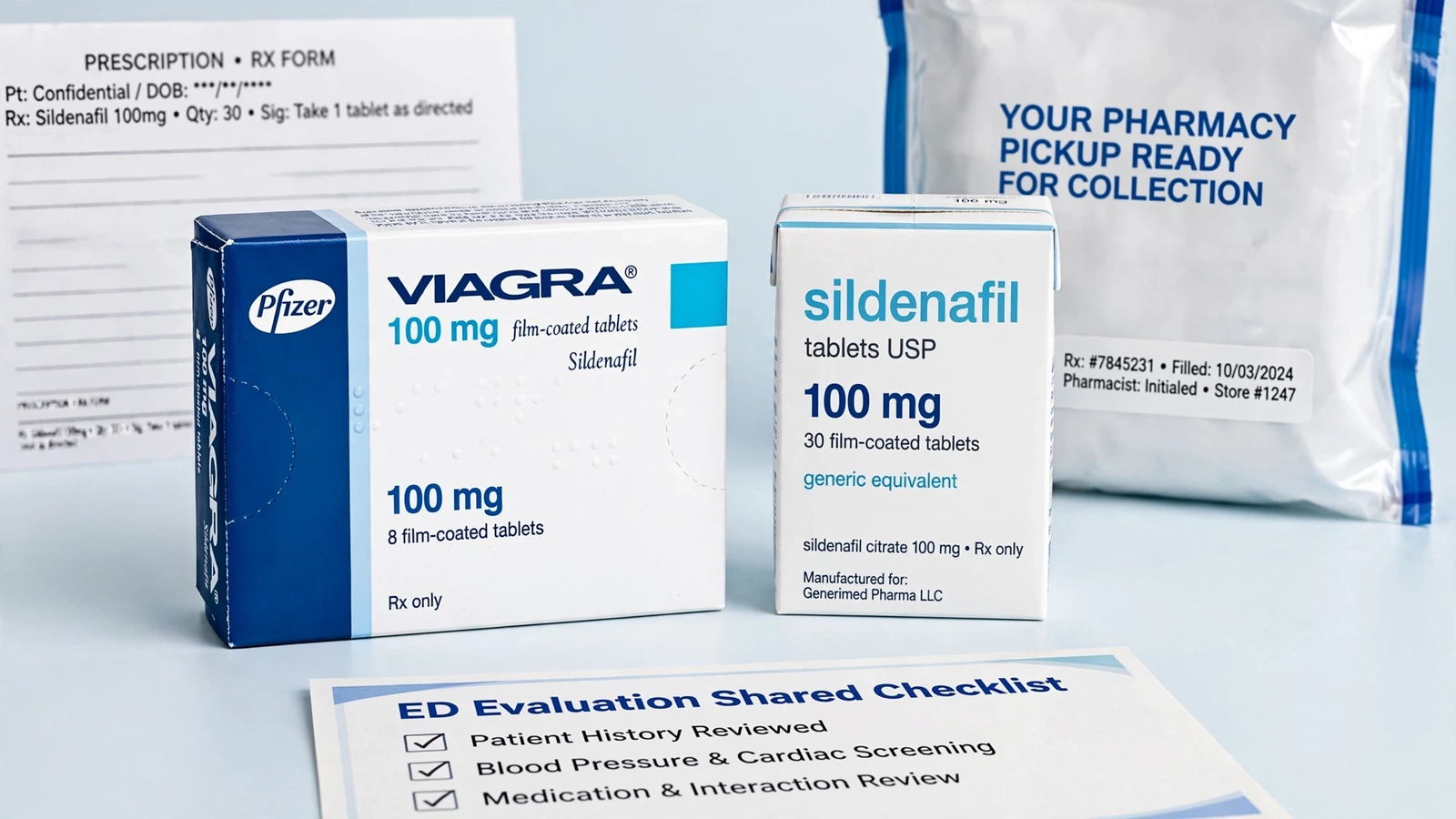 Viagra and sildenafil pharmacy packaging for What an Erectile Dysfunction Evaluation May Include