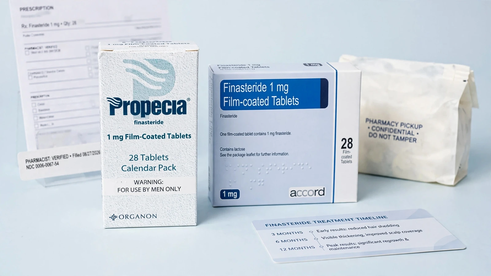 Propecia and finasteride pharmacy packaging for How Long Finasteride Takes for Hair Loss: A Tracking Guide