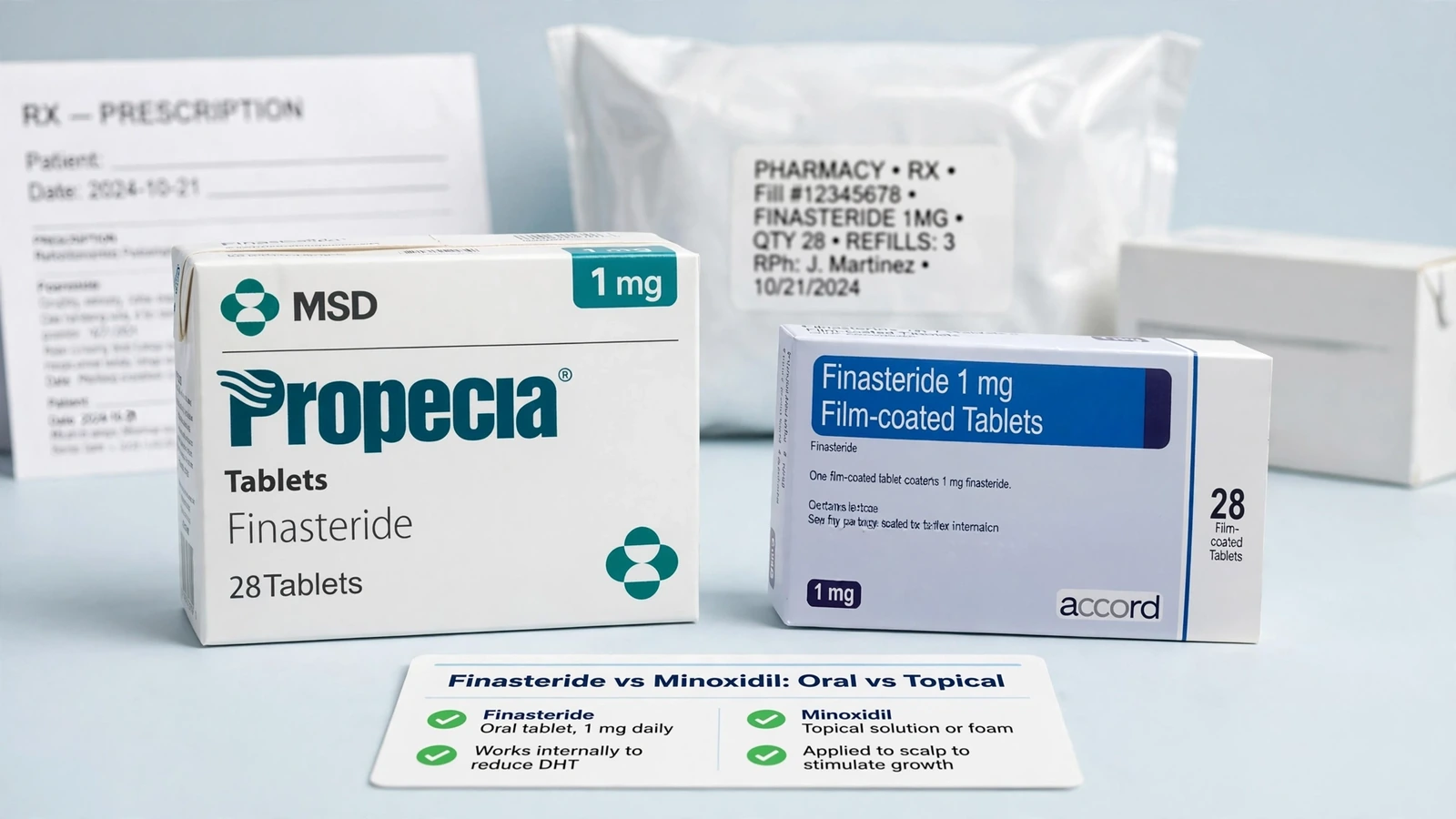 Propecia and finasteride pharmacy packaging for Finasteride vs Minoxidil: Comparing Hair Loss Treatment Paths